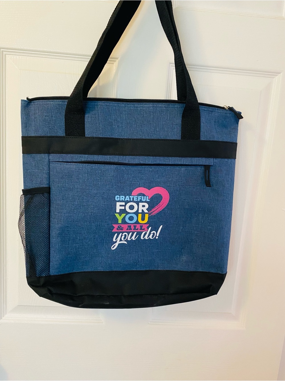 Blue Grateful For You Canvas Tote Bag 18 x 15.